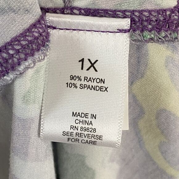 LOGO Lori Goldstein Jersey Knit Flo Printed Top Women's 1X Purple Yellow Floral - Picture 5 of 7